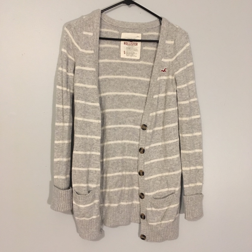 Hollister grey and white striped cardigan